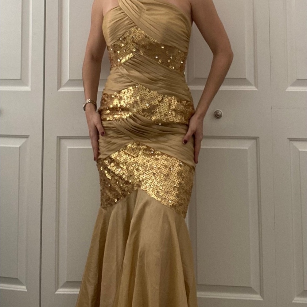 Jovani Gold Sequin Strapless Dress